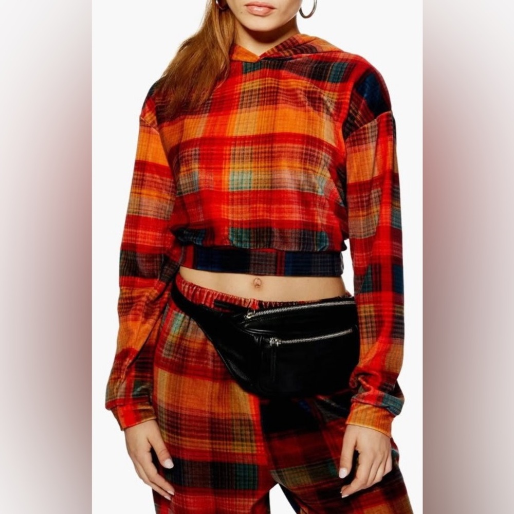Topshop Velour Check Hoodie